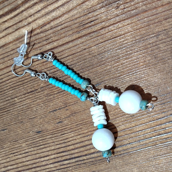 Blue and White Beaded Long Dangle Earrings / Handmade Ladies Earrings - Picture 4 of 4
